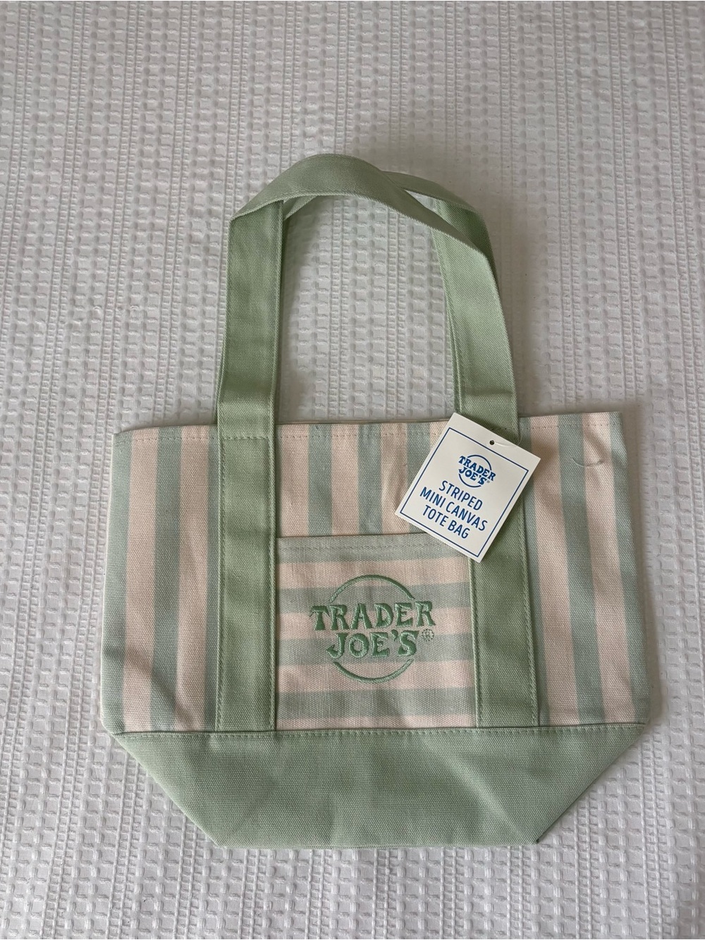 Trader Joe's Mint Green and Cream Striped Canvas Tote
